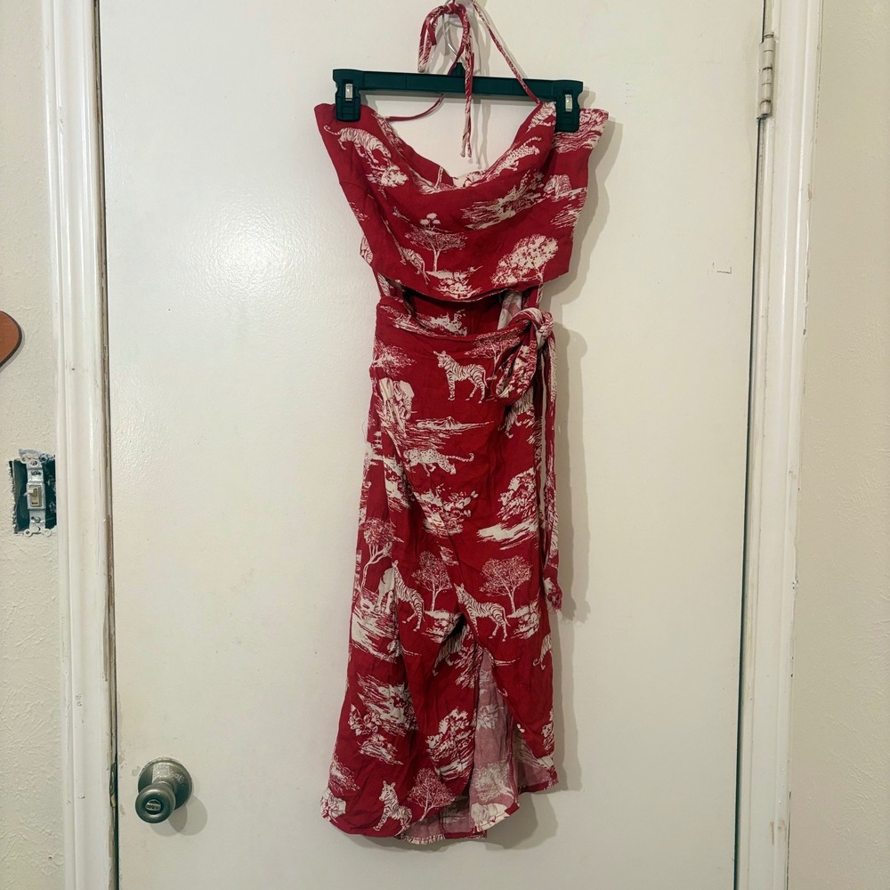 Reformation Red Safari Toile Halter Wrap Midi Dress Size 8 Cutout Africa Retro - Picture 4 of 7